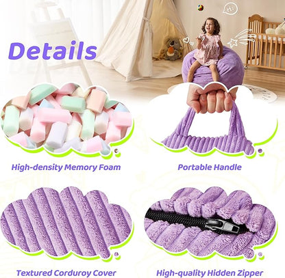 Bean Bag Chairs Teardrop Bean Bag Chair Beanbag Chair with Memory Foam Filled Machine Washable Cover for Living Room, Bedroom (Small,Purple)