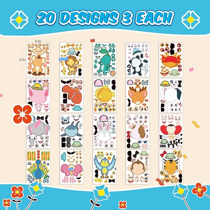 sinceroduct Make a Face Stickers for Kids, 60 PCS Multicolor Animal Decals, Paper Surface, Reusable, for Party Favors, Gifts, Rewards, Art Craft