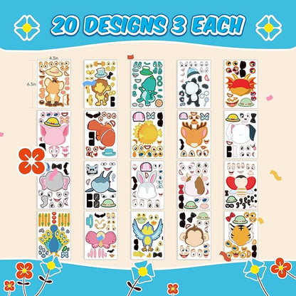sinceroduct Make a Face Stickers for Kids, 60 PCS Multicolor Animal Decals, Paper Surface, Reusable, for Party Favors, Gifts, Rewards, Art Craft