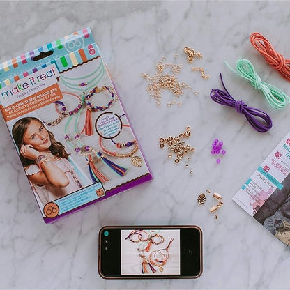 Make It Real: Gold-Link Suede Bracelets Kit - Create 6 Unique Cord & Tassel Charm Bracelets, 105 Pieces, Includes Play Tray, DIY Link & Bead Jewelry Kit, Tweens & Girls, Arts & Crafts, Kids Ages 8+