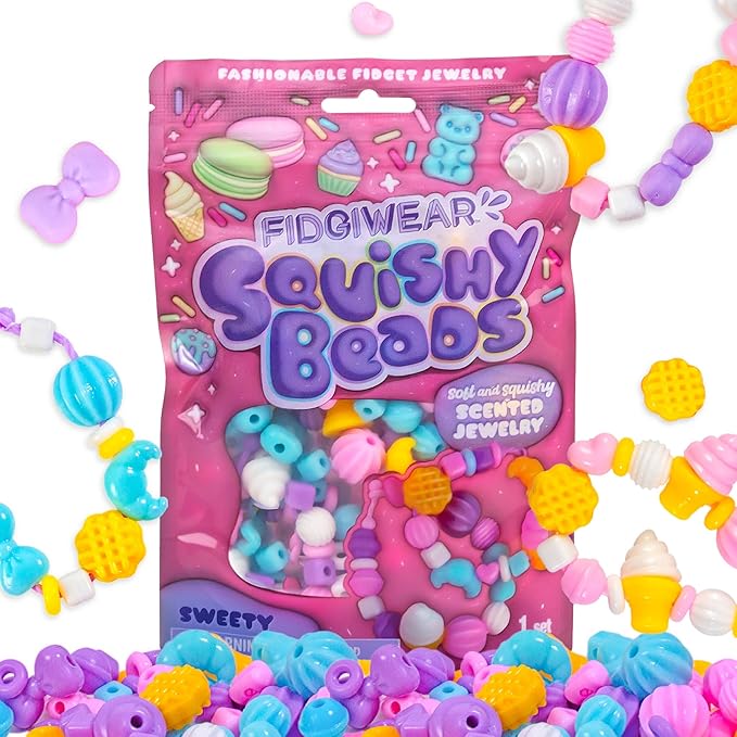 Fidgiwear Squishy Beads – Pink Sweety Theme, Create Fashionable Fidget Jewelry with Scented Squishy Beads for Jewelry Making, Toddler Sensory Bracelet Making Kit for Ages 3+