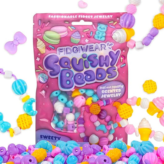 Fidgiwear Squishy Beads – Pink Sweety Theme, Create Fashionable Fidget Jewelry with Scented Squishy Beads for Jewelry Making, Toddler Sensory Bracelet Making Kit for Ages 3+