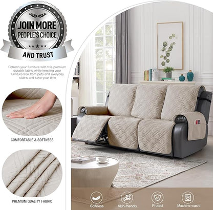 TAOCOCO 100% Waterproof Recliner Sofa Covers 3 Seater, Split Couch Covers for Reclining Couches for Kids Pets, Non Slip Reclining Couch Covers Furniture Protector with Straps(3 Seater, Cream)