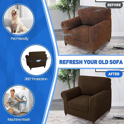 MAXIJIN 2 Piece Jacquard Chair Covers with Arms Super Stretch Non Slip Chair Slipcover for Living Room Dogs Pet Friendly Elastic Sofa Couch Protector Armchair Cover (Chair, Dark Coffee)