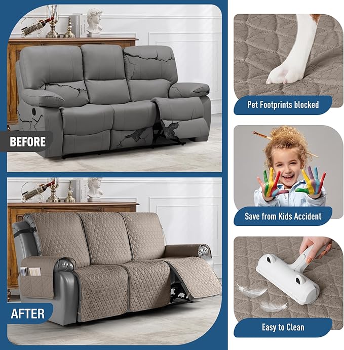 TAOCOCO 100% Waterproof Recliner Sofa Cover-Non Slip Split Couch Covers for Reclining Couches with Elastic Straps,Couch Covers for 3 Cushion Couch Sofa Pet Friendly(Taupe, 3 Seater)
