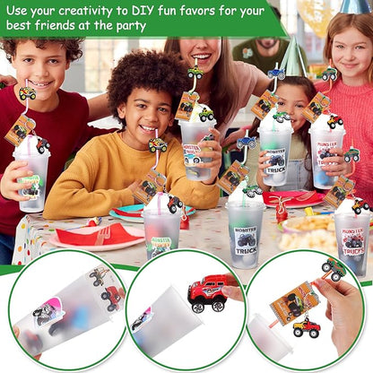HyDren 211 Pcs Truck Party Favors Included Gift Cup Straw Keychain Slap Bracelet Mini Truck Sticker Stamper Card Tattoo Sticker Shovel Sticker Tag Cable Tie For Birthday Gift Prize