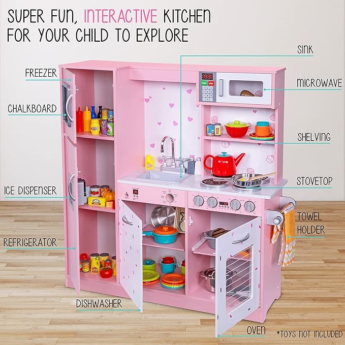 Lil' Jumbl Kids Kitchen Set, Pretend Wooden Play Kitchen, Battery Operated Icemaker & Microwave with Realistic Sound, Pots & Pan Included - Pink