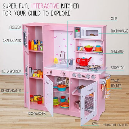 Lil' Jumbl Kids Kitchen Set, Pretend Wooden Play Kitchen, Battery Operated Icemaker & Microwave with Realistic Sound, Pots & Pan Included - Pink