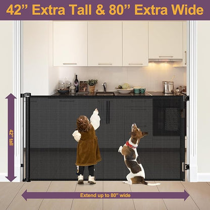 42" Tall X 80" Wide Retractable Baby Gates for Large Openings Extra Tall Dog Gates for Doorway Tall Retractable Pet Gate Tall Mesh Gates for Kids Long Dog Gate for Indoor/Outdoor (Black)