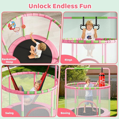 Yohood 55" Trampoline for Kids with Enclosure, 6-in-1 Toddler Trampoline Indoor Outdoor, Upgrade Full Anti-Rust Tube with Adjustable Gymnastics Bars for Boys Girls