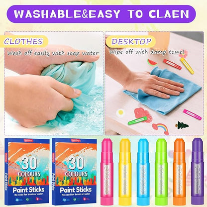 60 Pcs Tempera Paint Sticks 30 Colors Kids Washable Paint Safe Quick Drying Paint Crayons Children Arts and Craft Toddler Art Supplies for Paper Wood Glass Rock Poster Canvas
