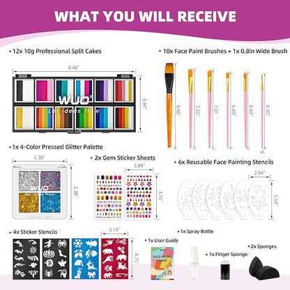 WUO Professional Face Painting Kit for Kids Adults, 12x10g+4 Colors Split Cake Palette with Stencils Sponge, Non-Toxic Water-Activated Rainbow Body Face Paint Makeup for Halloween Christmas Partie