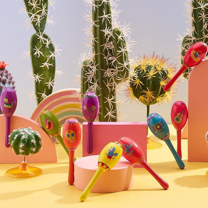 JOYIN 9 Pcs Fiesta Wooden Maracas 9 Designs Noisemaker for Cinco De Mayo Party Favors, Mexican Musical Fun, Carnivals, Taco Tuesday Event, Mexican Decorations, Luau Party