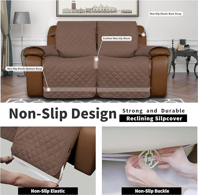 Easy-Going Recliner Sofa Cover, Reversible Couch Cover for Double Recliner, Split Sofa Cover for Each Seat, Furniture Protector with Elastic Straps for Kids, Dogs, Pets (2 Seater, Brown/Beige)