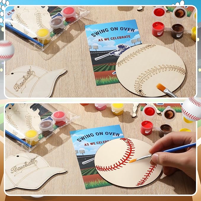 Saypacck 24 Pcs Baseball Party Favors Wooden Painting Craft Kits Birthday Party Supplies with Organza Bag for Goodie Bags Fillers Adult Thank You Gifts