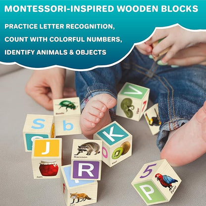 QUOKKA Montessori Wooden Blocks for Toddlers 1-3 - 35 Realistic ABC Learning Baby Blocks for Kids 3-5 Year Olds - Stacking Alphabet Wood Toys for 2-4 yo - Learn Letters Numbers