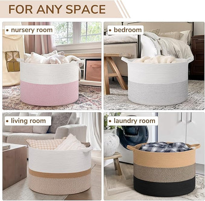 INDRESSME 115L Extra Large Cotton Rope Basket, Woven Baby laundry Blanket Basket for Home Decor Living Room Nursery, Toy Storage Baskets for Kids Boys Girls, White & Camel Mix