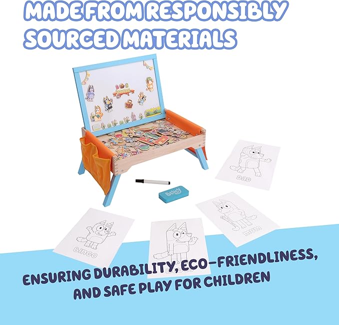 Bluey Art Creation Kids Art Station with 100 Magnets & Whiteboard Lid, Foldable Legs, Art Table for Kids, Storage Pockets