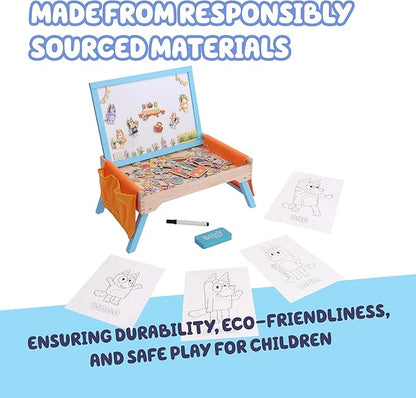 Bluey Art Creation Kids Art Station with 100 Magnets & Whiteboard Lid, Foldable Legs, Art Table for Kids, Storage Pockets
