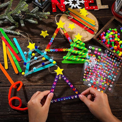 30 Sets Christmas Craft Kits for Kids DIY Stick Christmas Tree Ornaments Decoration Craft Stick Hairball Button Christmas Tree Sticker for Kids Holiday Classroom Activities Party Favors