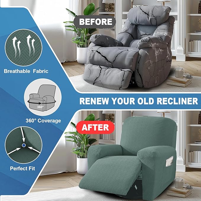 JIVINER 3 Piece Oversized Recliner Covers for Large Recliner with Pockets Stretch Jacquard Lazy Boy Reclining Couch Cover Soft Furniture Couch Protector with Elastic Bottom (1 Seater-XL, Pea Green)