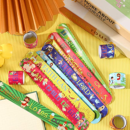 JUNEBRUSHS 56 Pcs Religious Slap Bracelets Christian Gifts for Kids, Jesus Love You Wristbands Snap Bracelets for Christian Stocking Stuffers Sunday School Gifts Happy Birthday Jesus Party Supplies