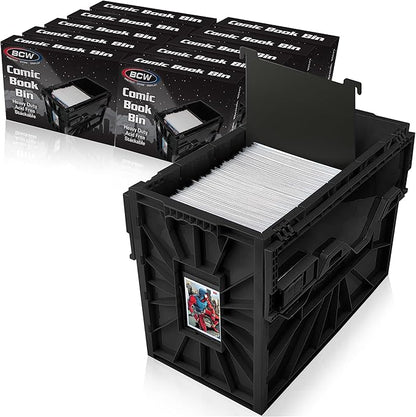 BCW Short Comic Book Bin | Holds 150 Comics | Stackable Plastic Storage | Acid-Free Organizer | Black, 10 Pack