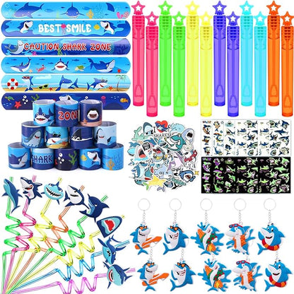 110Pcs Shark Party Favors Birthday Supplies, Straws Bubble Wands Slap Bracelet Keychain Tattoo Sticker Toy Gift Baby Kids Boys Shark Valentines Goodie Bag Stuffer Ocean Under the Sea Party Favors