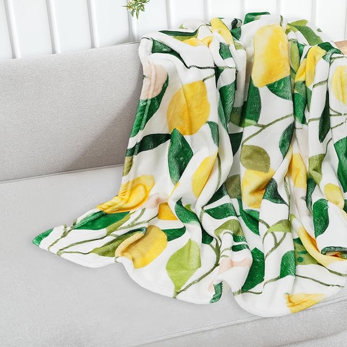 Lemon Fuzzy Blanket 60 x 50 Inch Yellow Lemon with Green Leaves Throw Blanket Bed Blanket Soft Warm Spring Summer Blanket for Adults Kids Gift Home Chair Sofa Couch