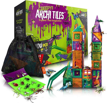 Creepy Archi Tiles - Magnetic Tiles for Kids - Colorful Construction Building Blocks with Bugs, Storage Bag, Stickers, Tweezers - Creative Educational Toys for Toddlers - 100pc Set