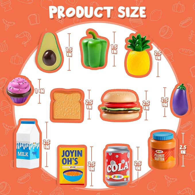 JOYIN 135Pcs Kids Play Food Set, Value Pretend Food for Play Kitchen with Fruit, Vegetable, Can, Dessert, Tableware, Bottles, Dramatic Plastic Toys for Toddler Boys Girls 3+ Years