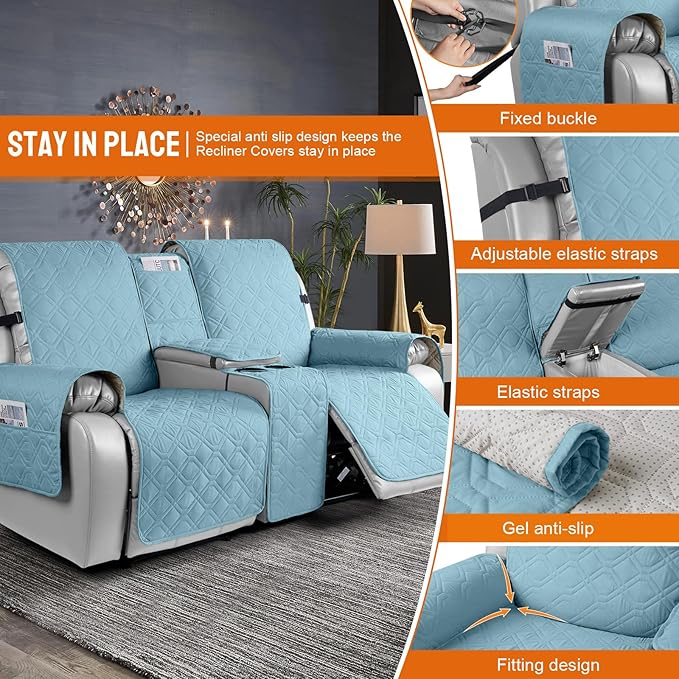 VANSOFY Loveseat Recliner Cover with Console 100% Waterproof Sofa Slipcovers Non-Slip Reclining Couch Cover Split Sofa Covers Furniture Protector for Pets, Dogs(Azuree)