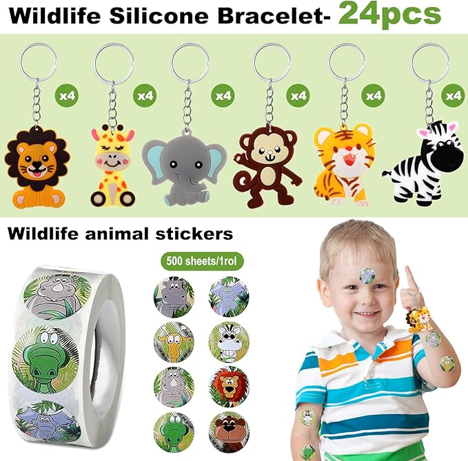 Fumete 121 Pcs Jungle Safari Party Favors Birthday Supplies for Boys Girls Include Jungle Animal Slap Bracelets Keychains Temporary Tattoos Animal Sticker Roll White Organza Bags and Thank You Tag