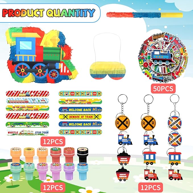 3D Train Pinata Set, Train Themed Birthday Party Game Supplies, Include Stickers Stamps Keychains Slap Bracelets, Train Party Decorations for Kids, Train Pinata for Boys Birthday Party Favors