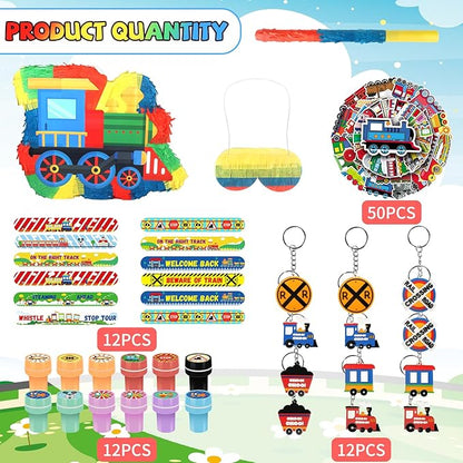3D Train Pinata Set, Train Themed Birthday Party Game Supplies, Include Stickers Stamps Keychains Slap Bracelets, Train Party Decorations for Kids, Train Pinata for Boys Birthday Party Favors