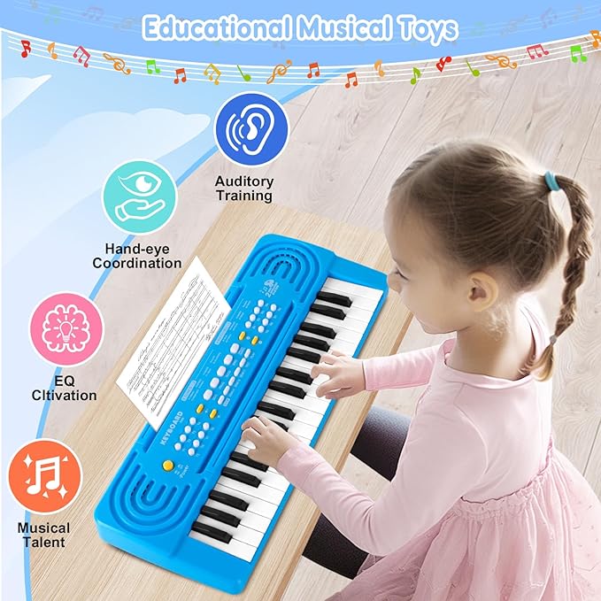 Kids Toddler Toy Piano Keyboard - 37 Key Pianos for Kid Music Toys Instruments with Microphone | Explore Creativity, Perfect Birthday for 3-8 Year Old (Blue)