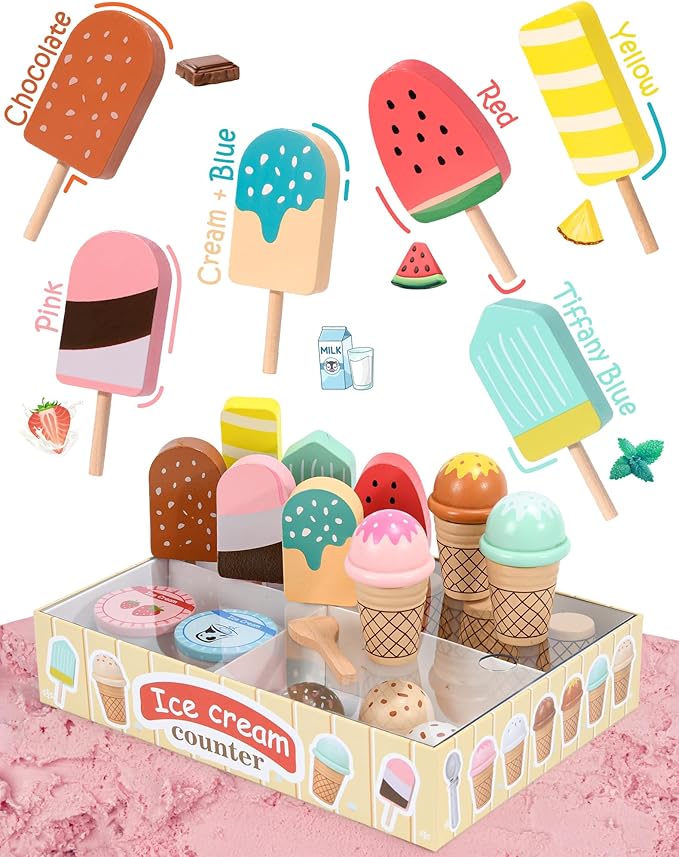 Toyssa Wooden Ice Cream Toys Kids Pretend Play Store Toys for Toddlers Girls 3 4 5 6, Wooden Food Christmas Birthday Gifts Play Kitchen Accessories for 2 3 4 5 Year Old Girls Boys