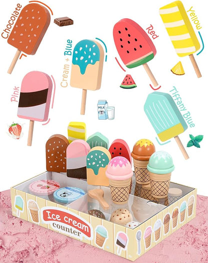 Toyssa Wooden Ice Cream Toys Kids Pretend Play Store Toys for Toddlers Girls 3 4 5 6, Wooden Food Christmas Birthday Gifts Play Kitchen Accessories for 2 3 4 5 Year Old Girls Boys