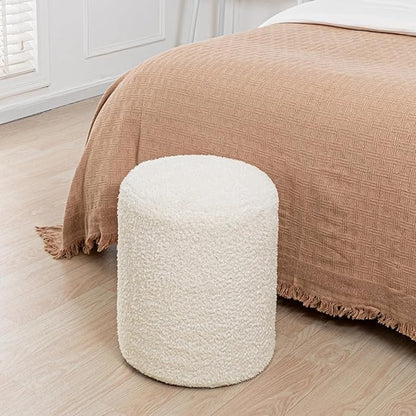Round Ottoman Soft Chair 14.6x14.6x18 Inches Boucle Ottoman Multifunctional Ottoman Foot Rest Fluffy Fur Ottoman Stool Pouf Footrest Stool for Living Room Bedroom (Cream)