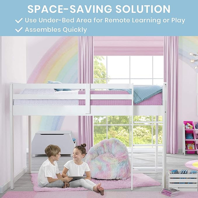 Delta Children Twin Loft Bed with Guardrail and Ladder, White Snooze 6 inch Memory Foam Twin Mattress (Bundle)