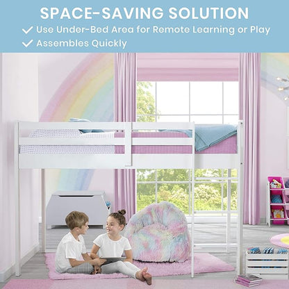 Delta Children Twin Loft Bed with Guardrail and Ladder + Tent [Bundle], White/Dots