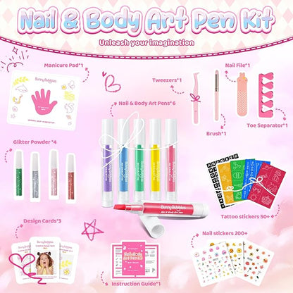 Kids Makeup Sets for Girls Nail & Body Art Pens Kits, 27Pcs Washable Temporary Tattoo Pen Sets, Cosmetic Party,Girls Makeup Kits for Ages 3-12 Years,Ideal Winter Gift & Creative Toys