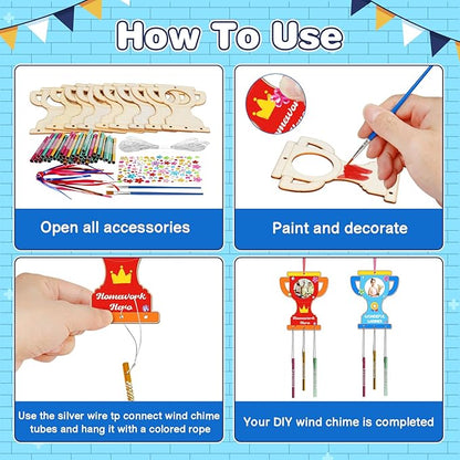 Fennoral 9 Pack Trophy Wind Chime Kit for Kids Make You Own Photo Frame Wind Chime DIY Coloring Wooden Art and Craft for Art Project Rewards Winning Prizes Birthday Christmas Party Favors