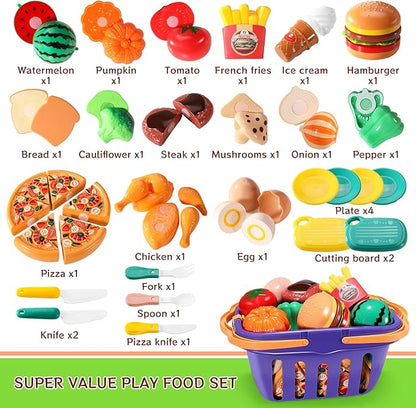 Kids Deluxe Cutting Playset Includes Sliceable Fruits, Vegetables, Pizza, Knife & Fork-Fun&Educational Pretend Play Kitchen Toy for Toddlers and Children-Safe and Realistic Food Cutting Set