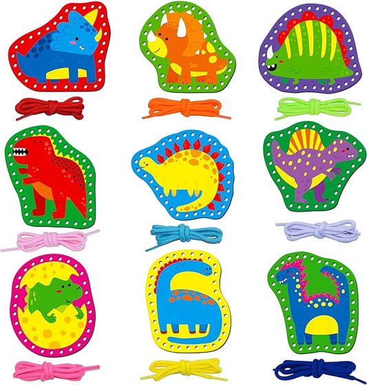 9 Pieces Kids Lacing Cards, Double Sided Sewing Cards in 9 Dinosaurs with 9 Colorful Laces, Imagination Development Lacing Toys Games for Children Educational and Learning Activity