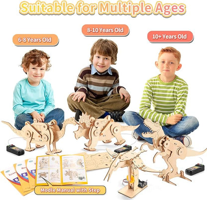 Dinosaur STEM Kits for Kids Ages 6-8-10-12, 4 in 1 Wood Building Toys for Boys Age 8-12, Build It Yourself Woodworking Kit, DIY 3D Wooden Puzzles Model Science Crafts for Kids, Stem Projects