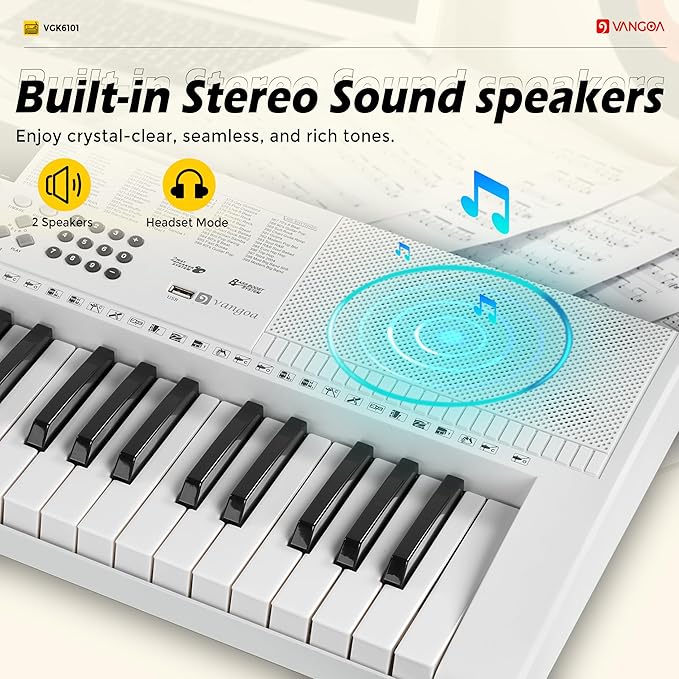 Vangoa Piano Keyboard for Beginners, VGK6101 61 Key Learning Keyboard Piano w/Lighted Keys, Electric Piano Keyboard with 600 Voices & 50 Demos, Stand/Microphone, USB, Record, Split for Students