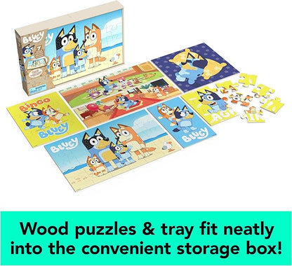 Bluey, 7 Wood Puzzles Jigsaw Bundle 12-Piece 16-Piece 24-Piece Easy Cartoon Disney Jr. Show with Storage Tray, for Kids Ages 4 and up