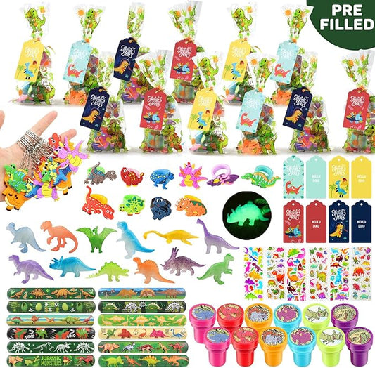 MOVINPE Dinosaur Party Favors 12 Pack 84 pcs Prefilled Goody Bags with Gift Tags, Filled with Dinosaur Themed Stampers Luminous Dinos Figure Slap Bracelets Keychains Rings 3D Stickers for Kids