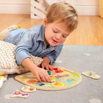 B. toys- Stomping Dinos- Wooden Peg Puzzle – Dinosaur Puzzle – 8 Pieces – Classic Toys for Toddlers, Kids – 18 Months +